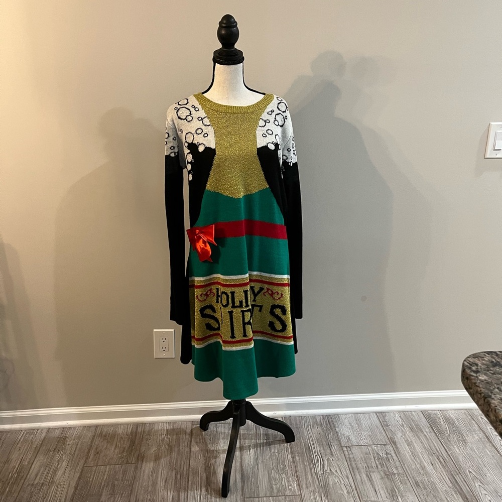 Elegant Holiday Long Sleeve Dress - Green, Gold, and Black